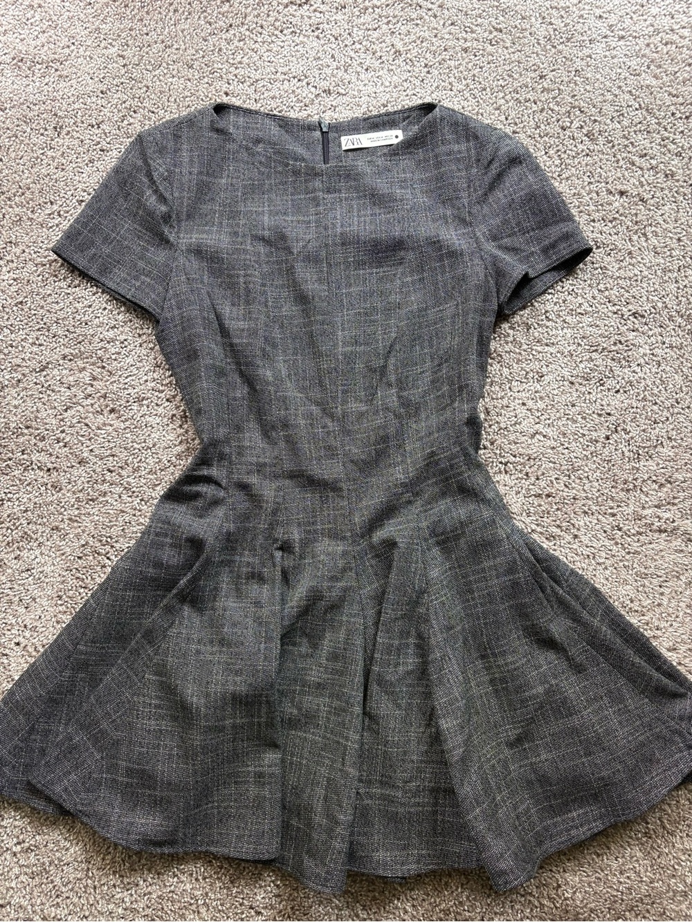 Zara Gray Plaid Short-Sleeve Fit-and-Flare Mini Dress